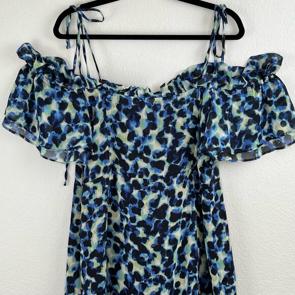 Topshop Frill Bardot Tie Off Shoulder Blue Leopard Animal Mini Dress 14 NWT - Picture 4 of 13